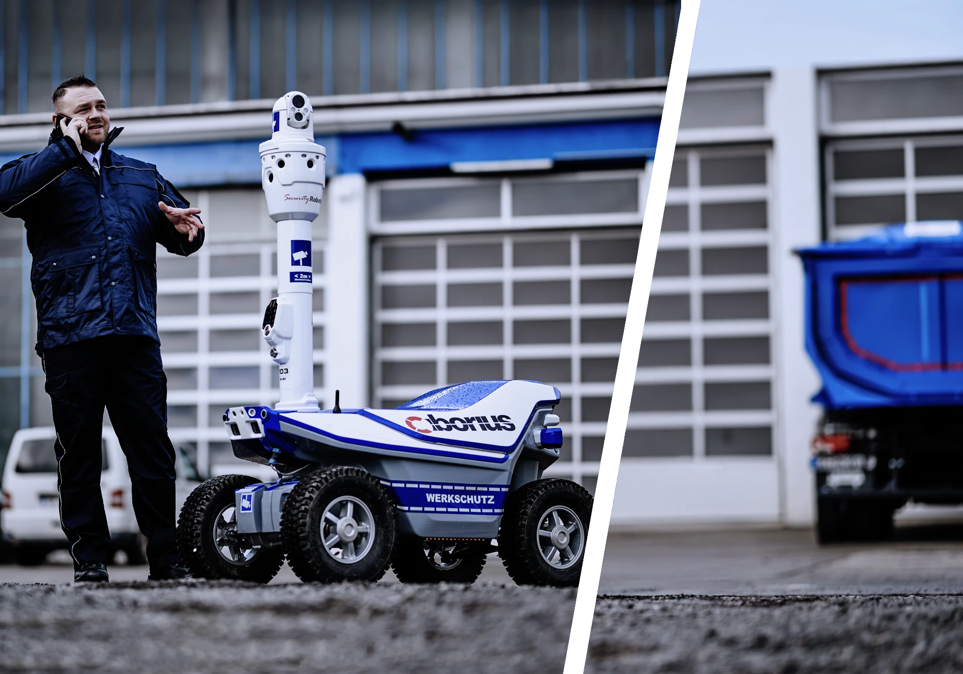 Innovativer Sicherheitsroboter für den modernen Werkschutz Ein moderner weiß-blauer CIBOTICS Sicherheitsroboter im Außeneinsatz neben einem Sicherheitsmitarbeiter vor einem Industriegebäude.