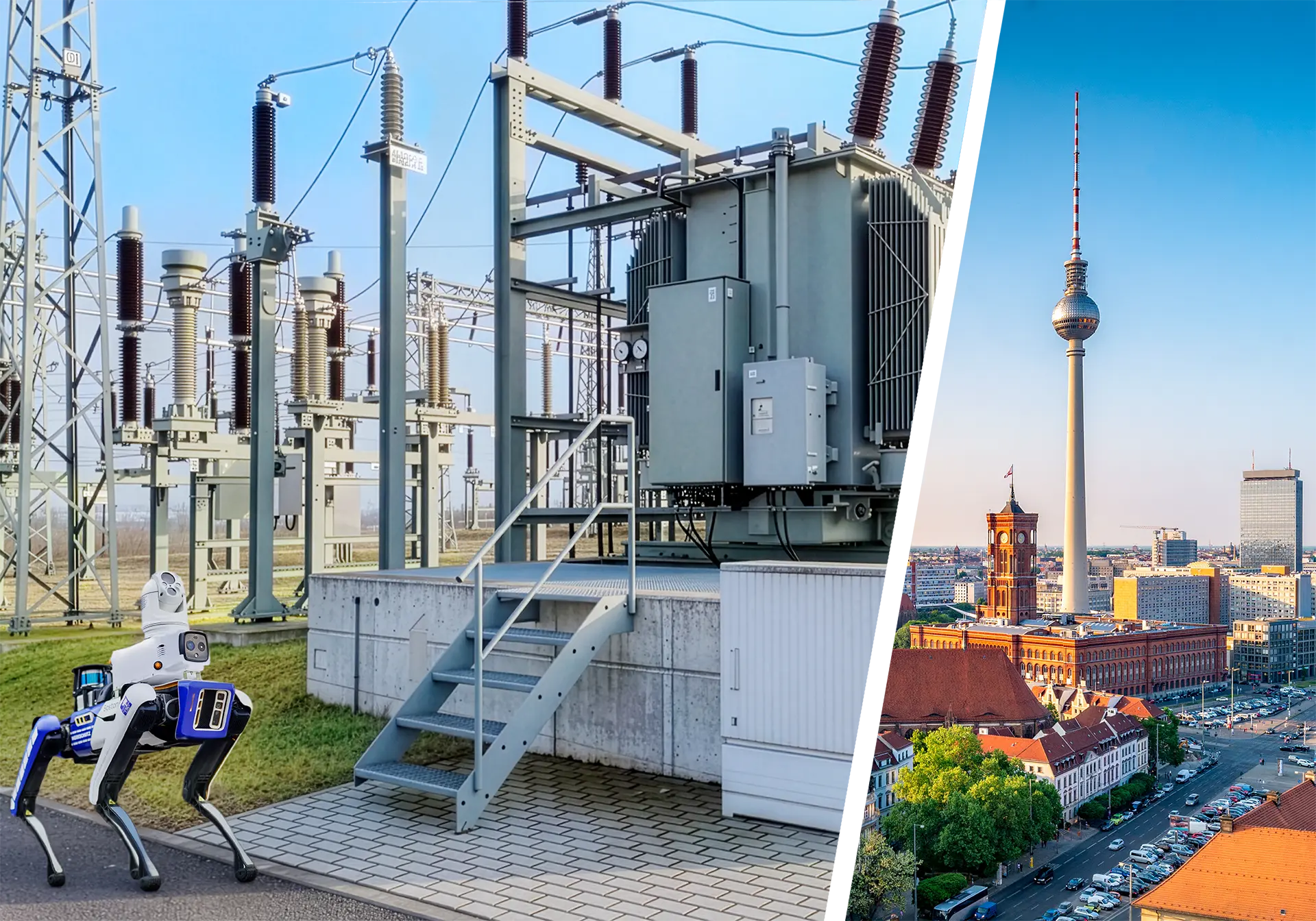 Weiß-blauer vierbeiniger Roboter inspiziert einen großen Stromtransformator in einem Umspannwerk, im Hintergrund Berliner Fernsehturm und Stadtpanorama bei sonnigem Himmel
