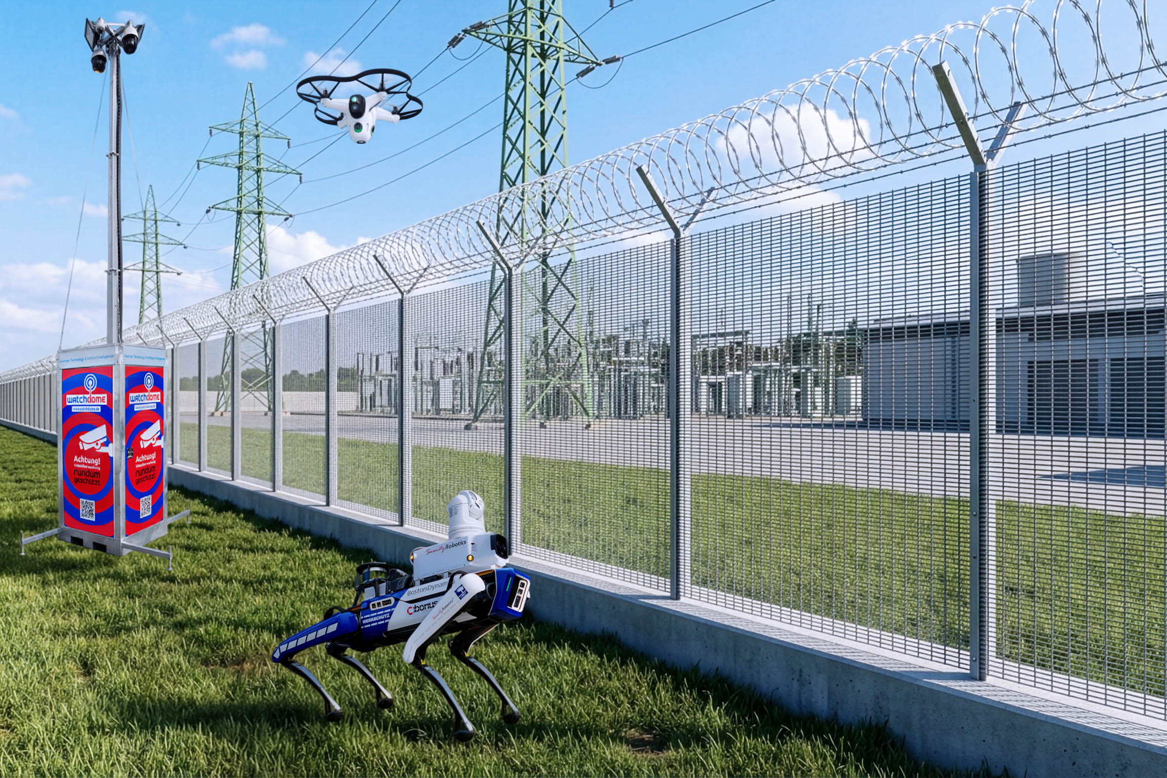 Umspanntwerk im Hintergrund umgeben von hohem Zaun. Im Vordergrund Kameraturm, Roboterhund &amp; Drohne.