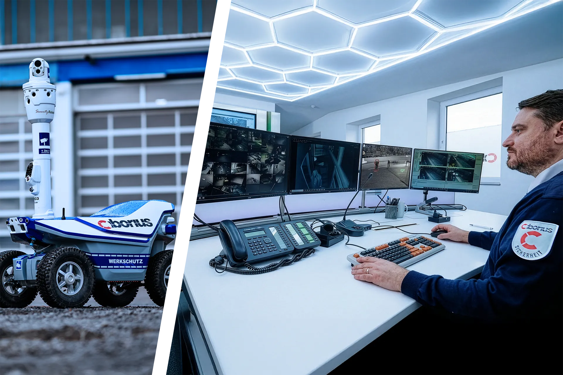 CIBORIUS Sicherheitsdienst Mitarbeiter überwacht Sicherheitskameras in moderner Leitstelle, autonomer Sicherheitsroboter im Außeneinsatz